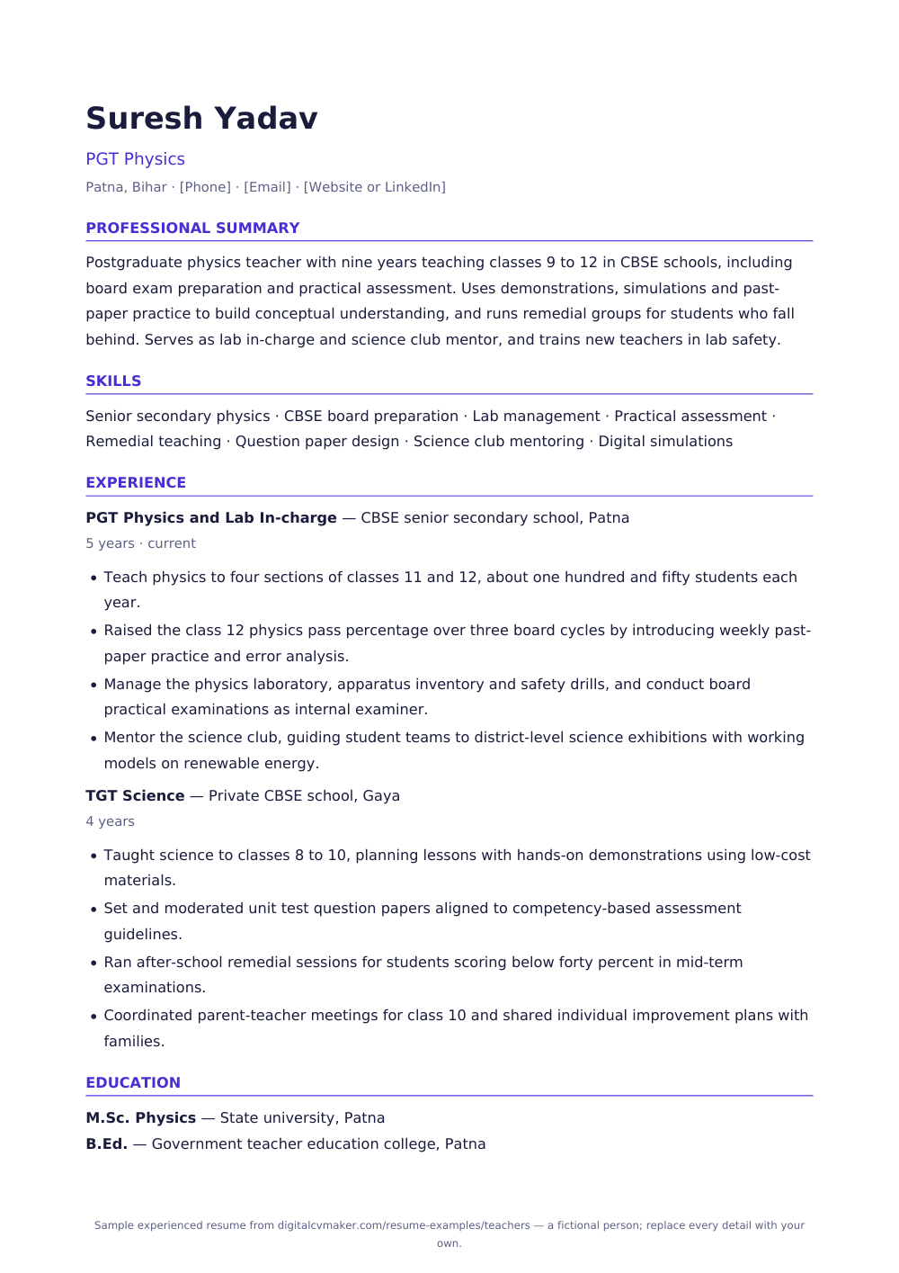 Sample experienced teacher resume (page 1)