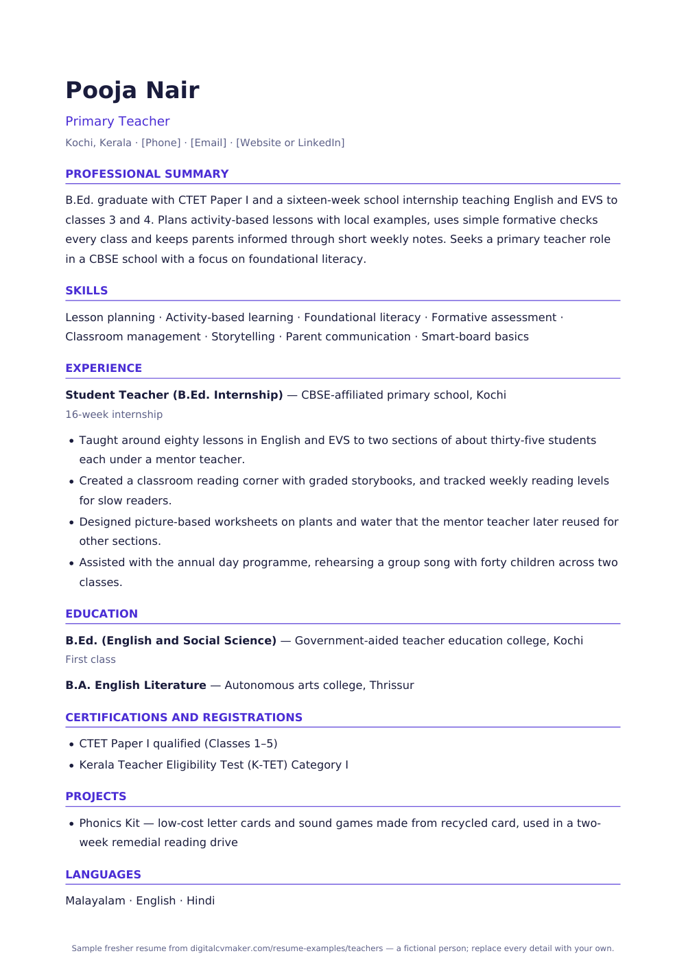 Sample fresher teacher resume (page 1)
