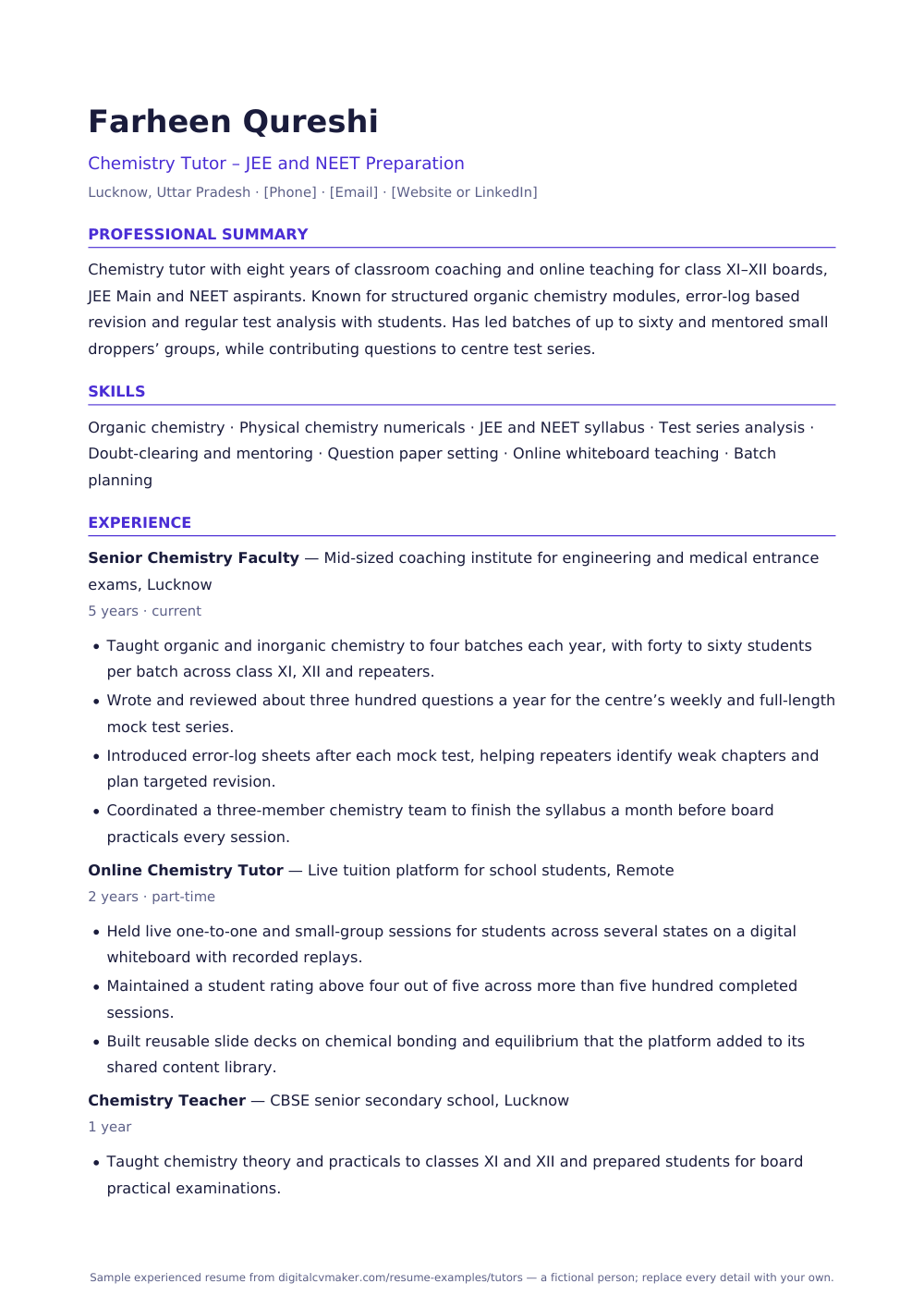 Sample tutor resume, page 1 of the PDF