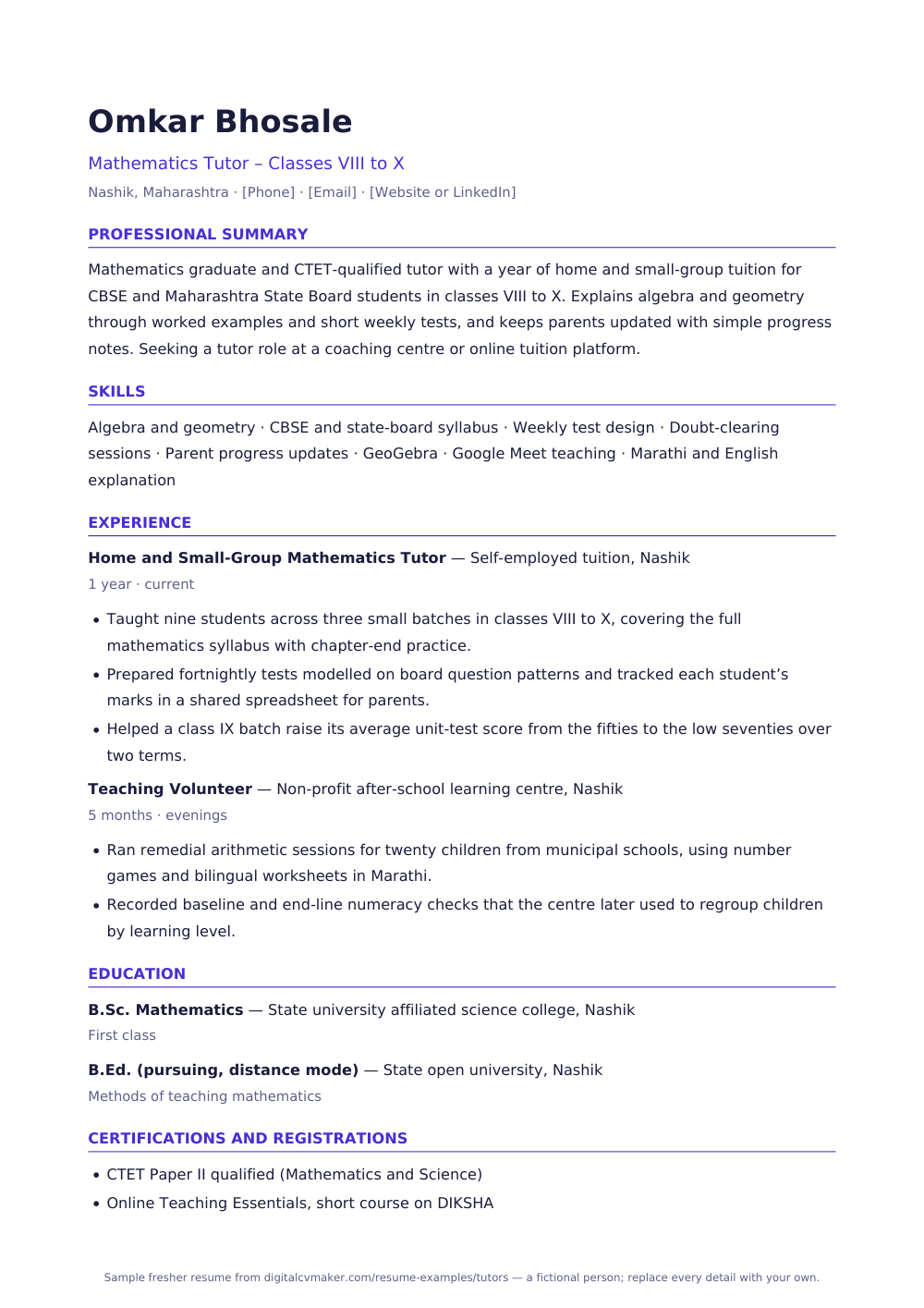 Sample fresher tutor resume (page 1)