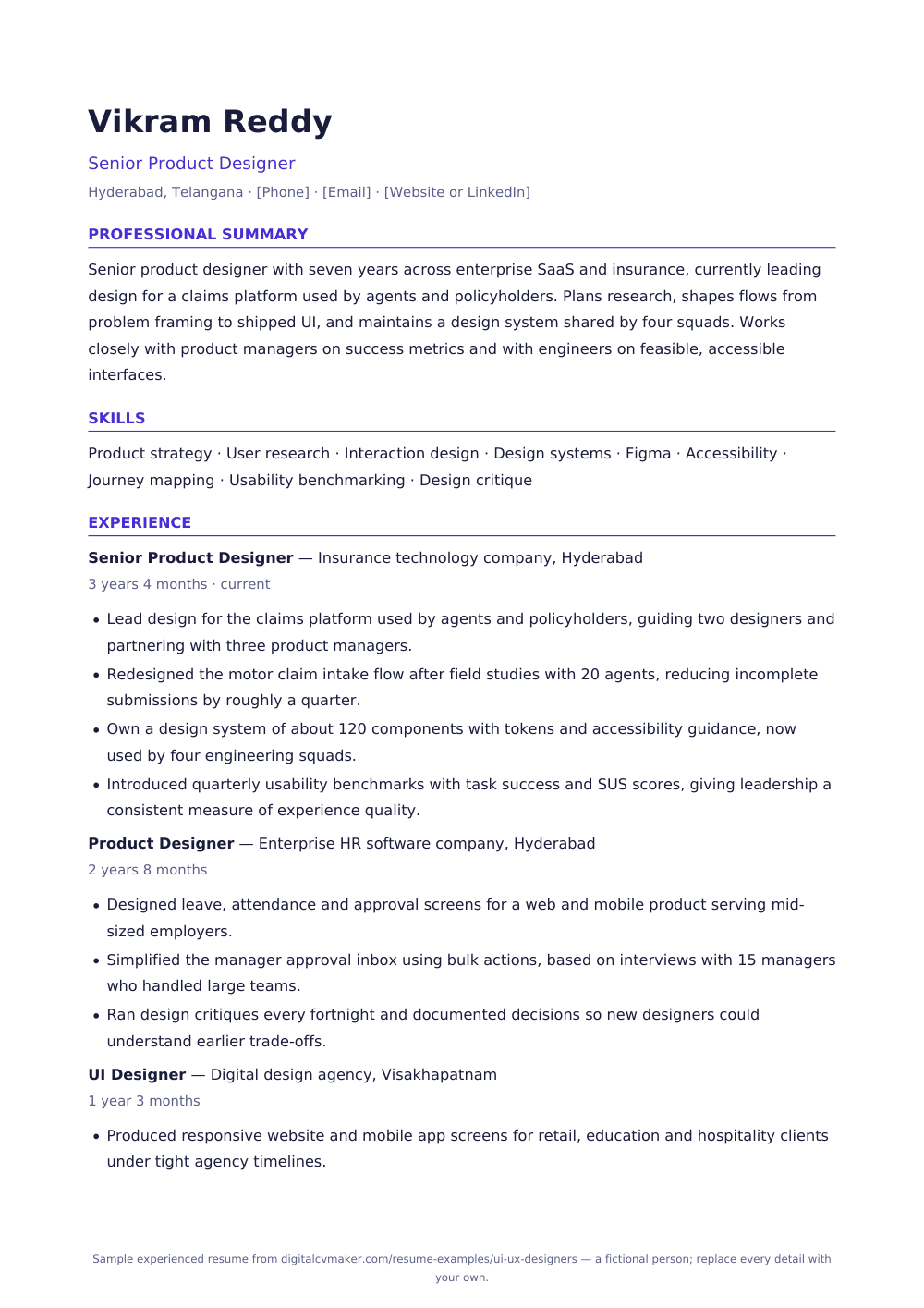 Sample UI/UX designer resume, page 1 of the PDF