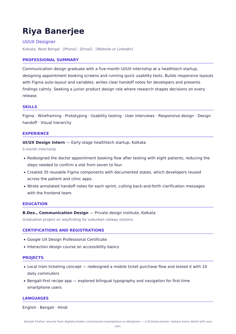 Sample fresher UI/UX designer resume (page 1)