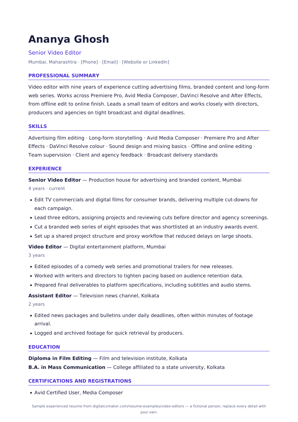Sample video editor resume, page 1 of the PDF