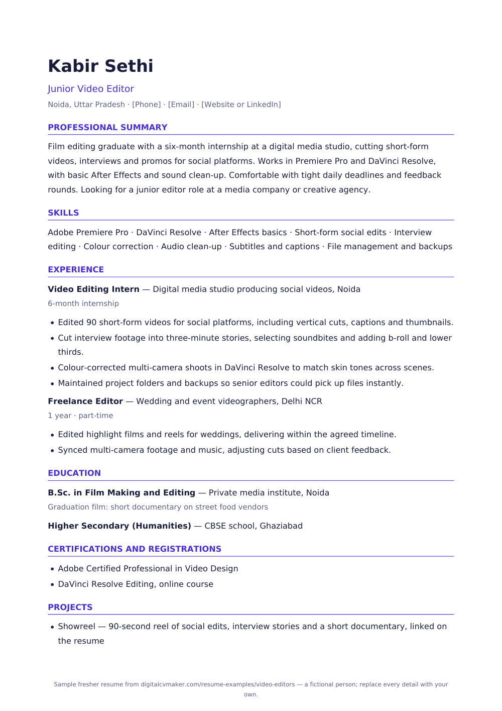 Sample fresher video editor resume (page 1)