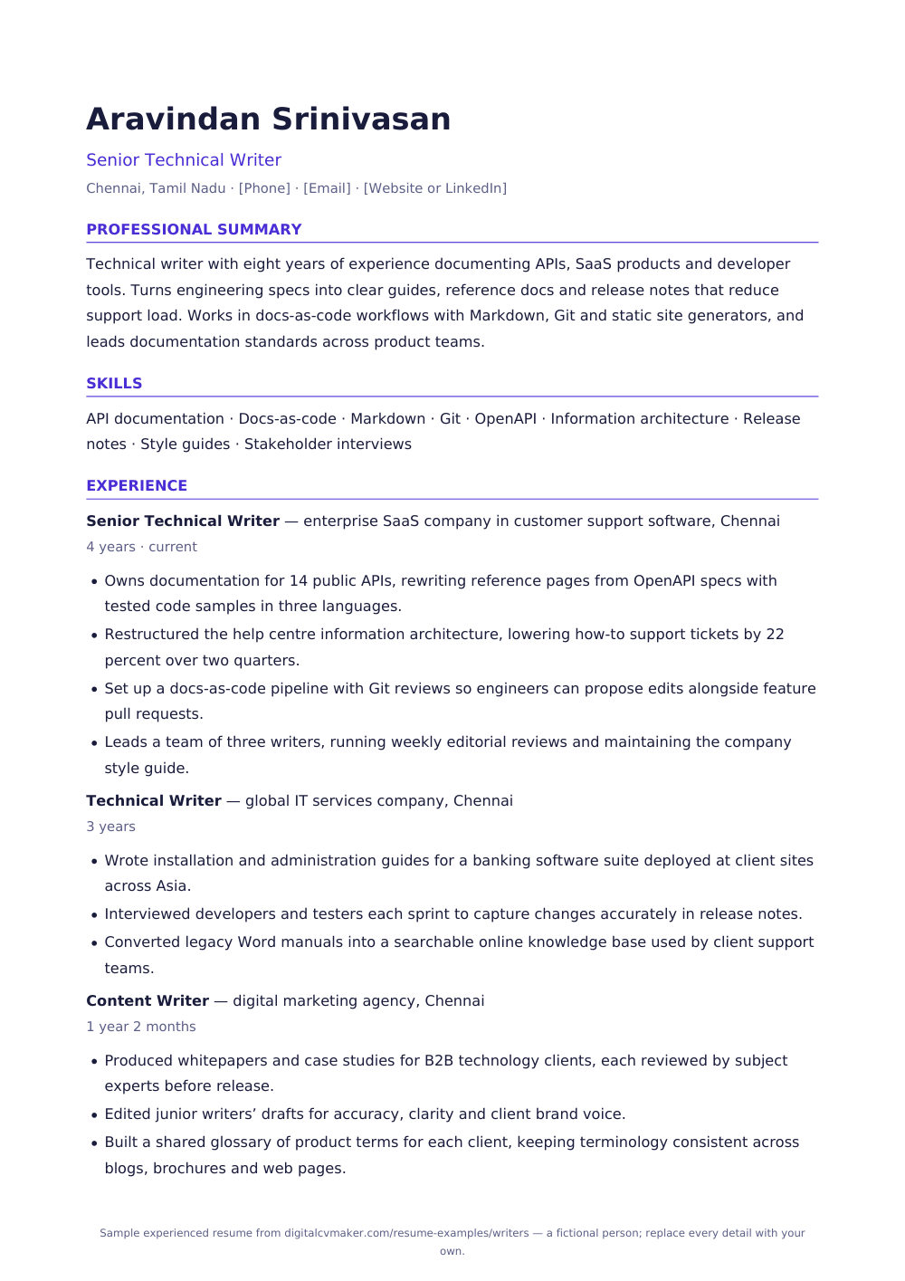 Sample experienced writer resume (page 1)