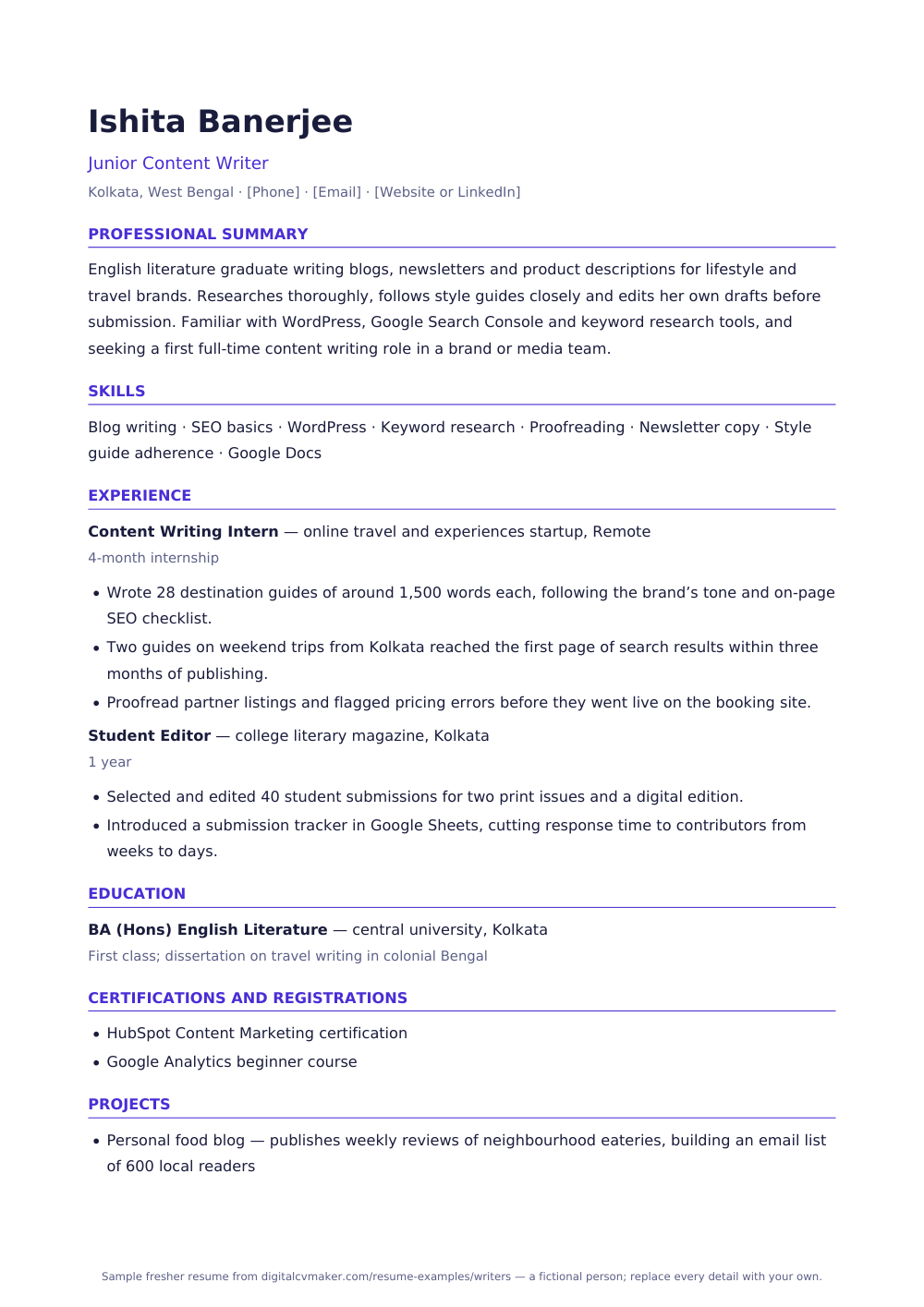 Sample fresher writer resume (page 1)