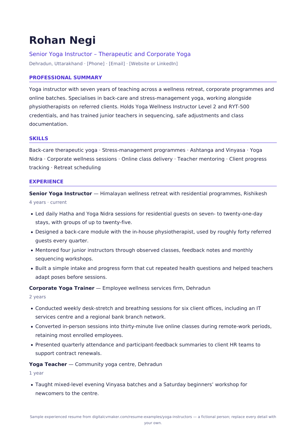 Sample yoga instructor resume, page 1 of the PDF