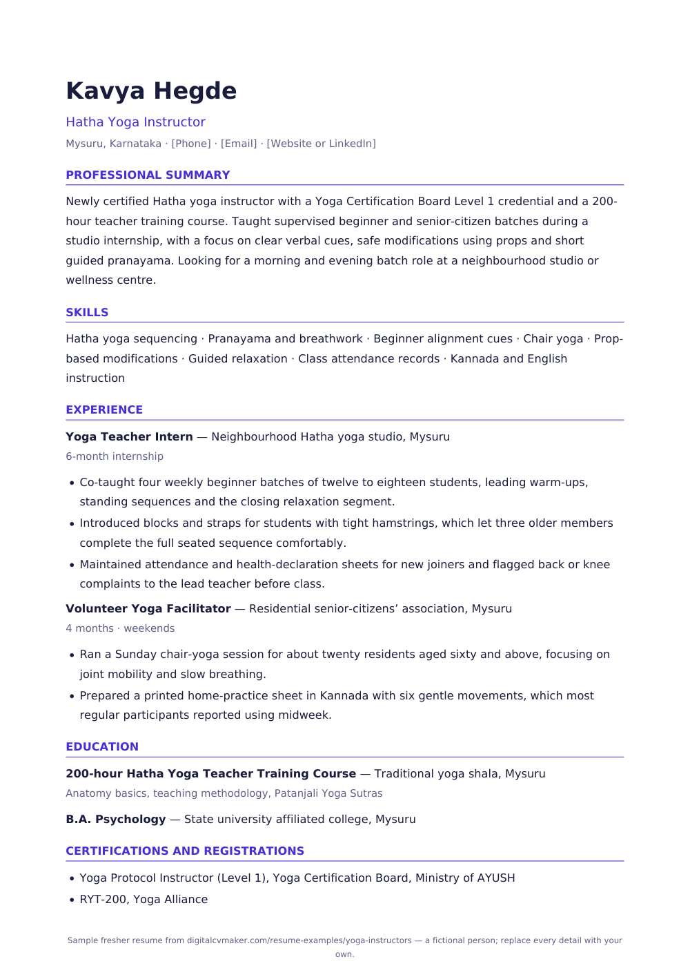 Sample fresher yoga instructor resume (page 1)